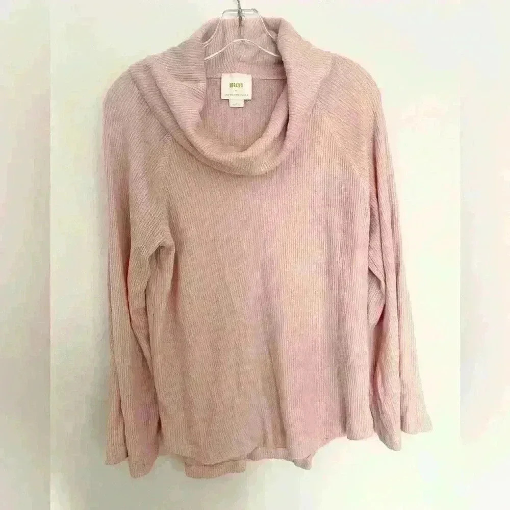 Anthropologie Maeve Womens Medium Pink Ribbed Cowl Neck Sweater Pullover Knit